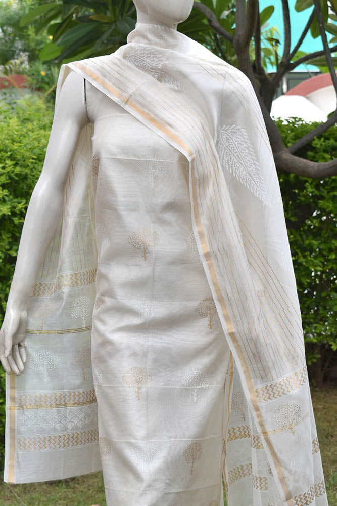 Elegant Khadi (gold) Hand Block Printed Chanderi unstitched suit fabric