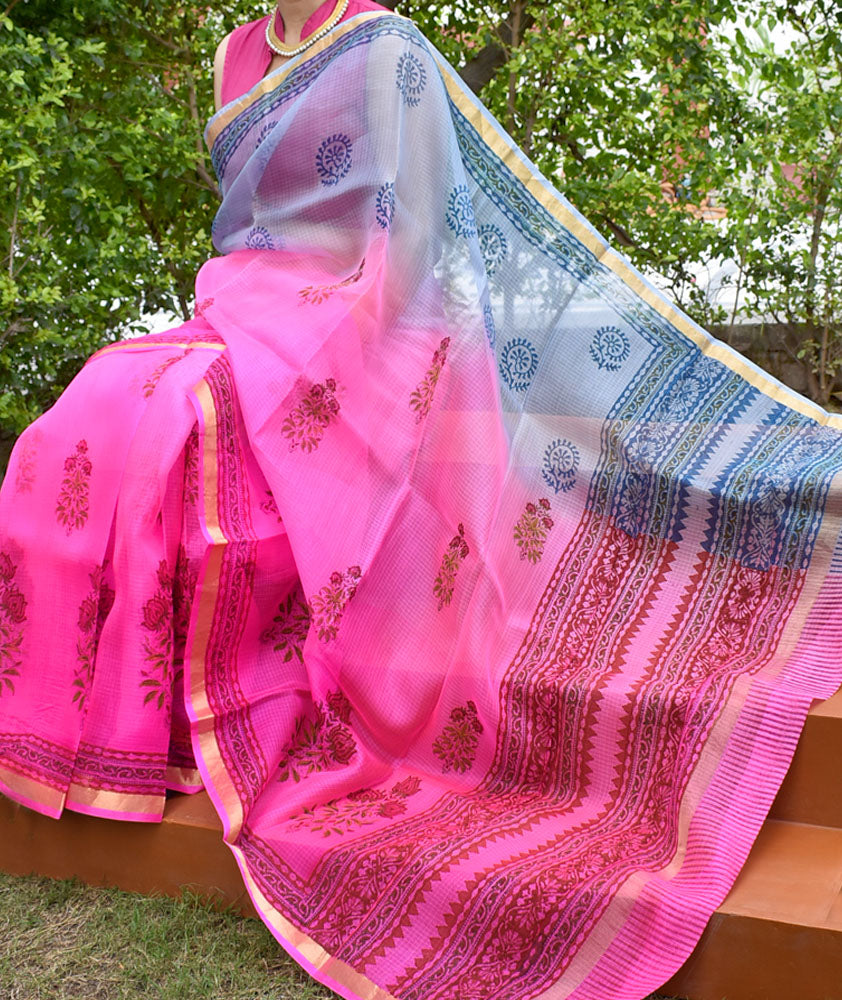 Beautiful Hand Block Printed Kota Silk Saree with Multi Dye & Zari border