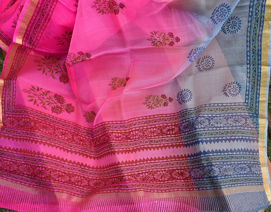 Beautiful Hand Block Printed Kota Silk Saree with Multi Dye & Zari border