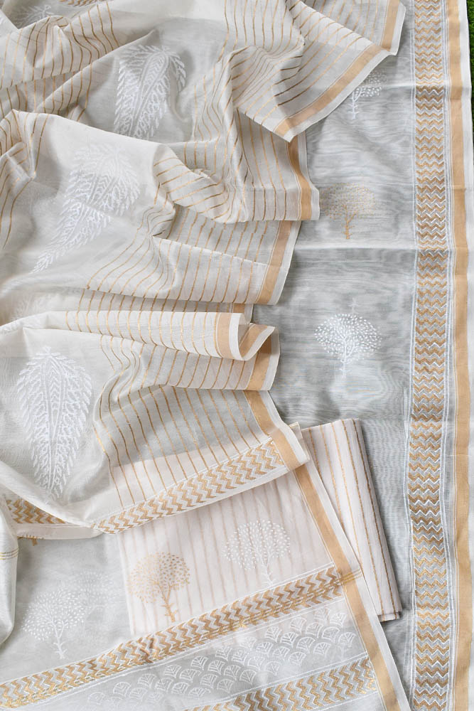 Elegant Khadi (gold) Hand Block Printed Chanderi unstitched suit fabric