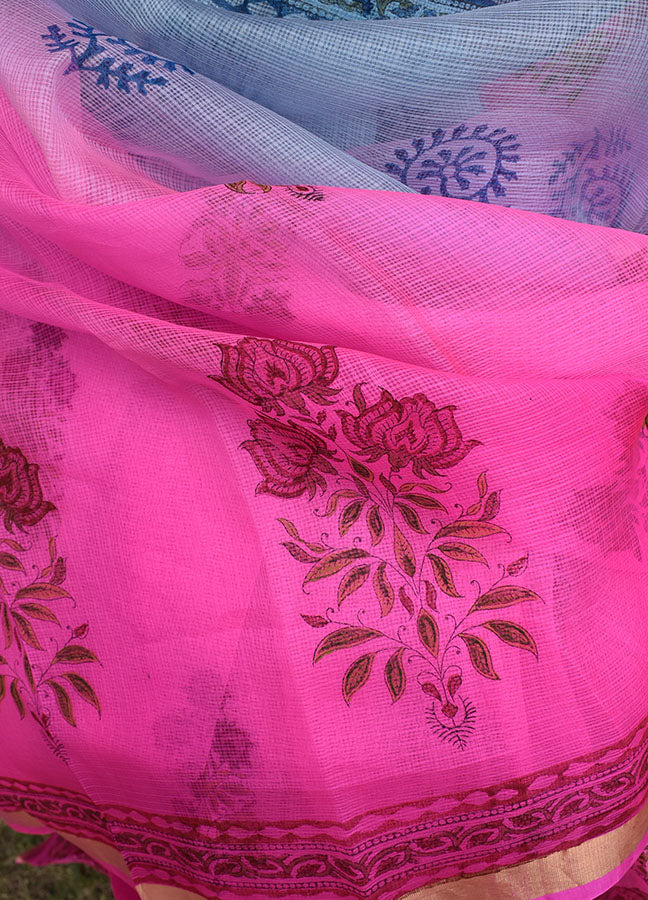 Beautiful Hand Block Printed Kota Silk Saree with Multi Dye & Zari border