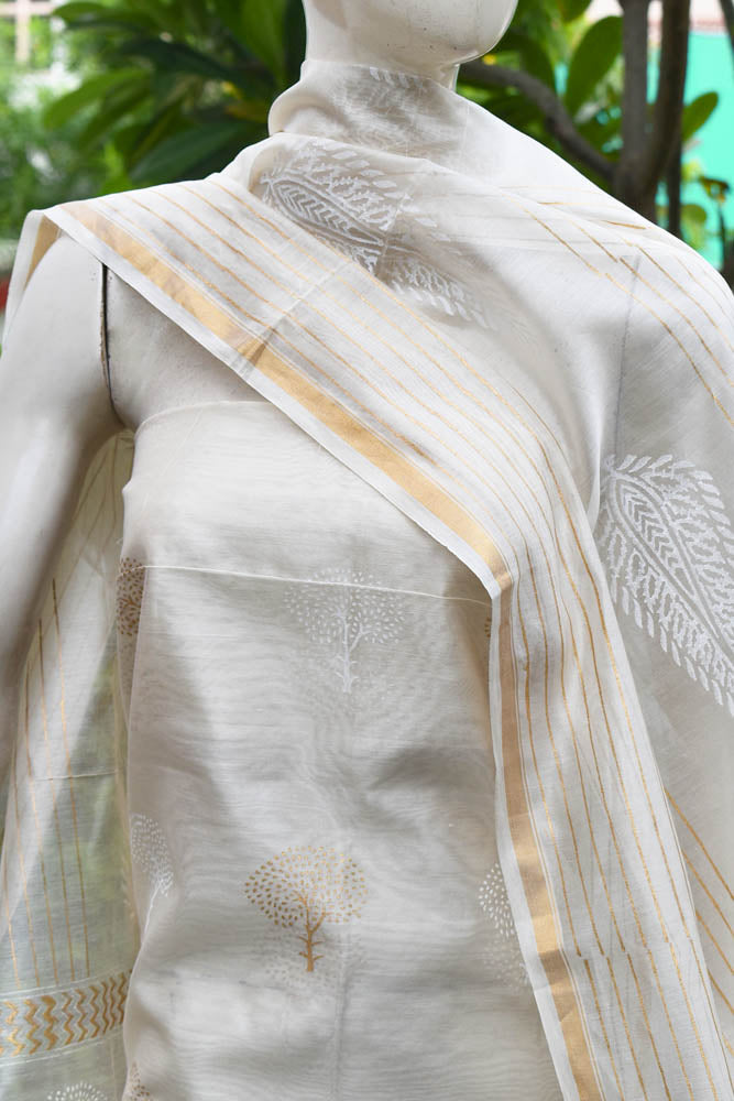 Elegant Khadi (gold) Hand Block Printed Chanderi unstitched suit fabric