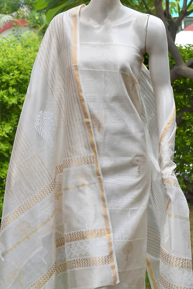 Elegant Khadi (gold) Hand Block Printed Chanderi unstitched suit fabric