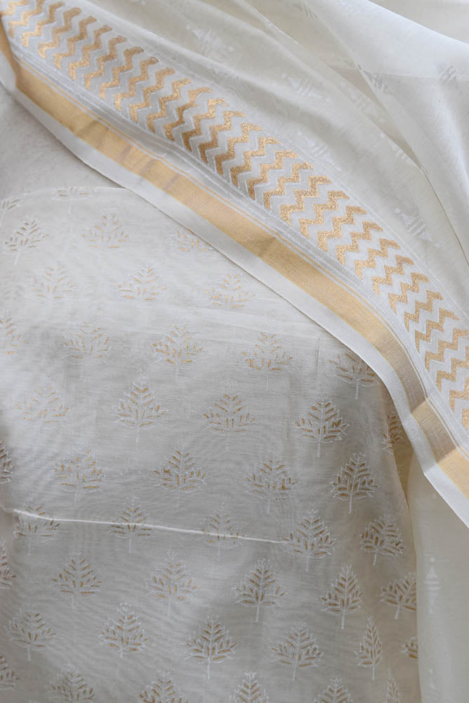 Elegant Khadi (gold) Hand Block Printed Chanderi unstitched suit fabric