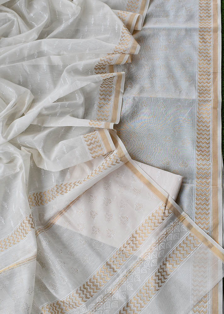Elegant Khadi (gold) Hand Block Printed Chanderi unstitched suit fabric