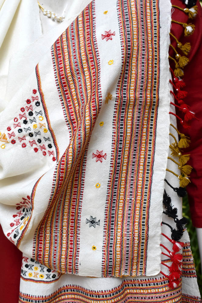 Hand woven Kutch Woolen Stole with Mirror work and tassels