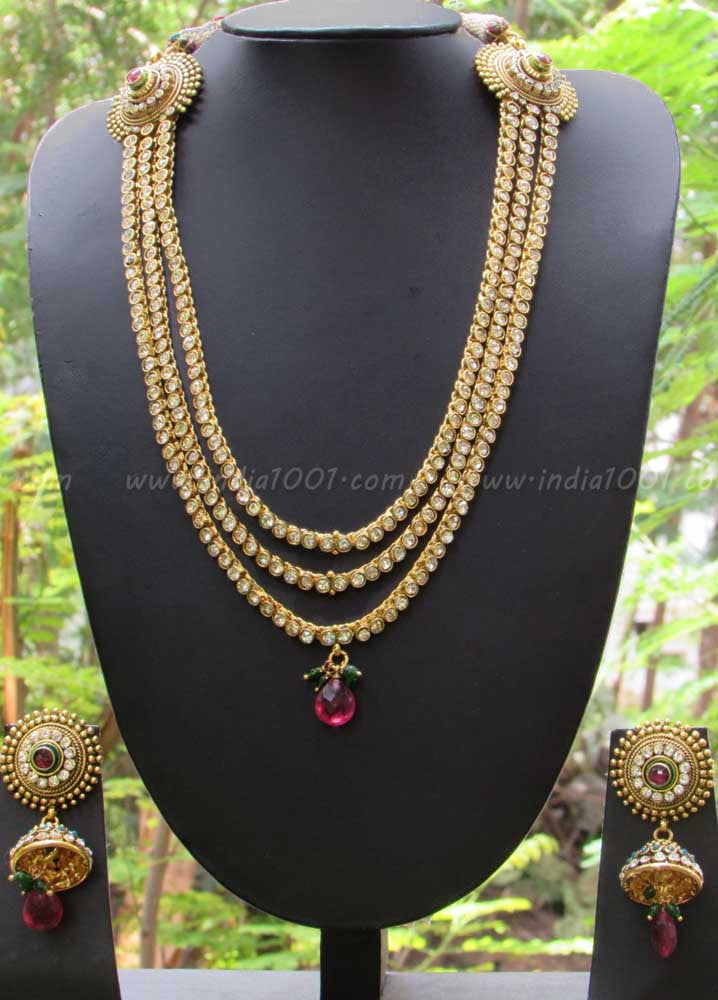 Stunning Long Pearl & Polki Necklace Set