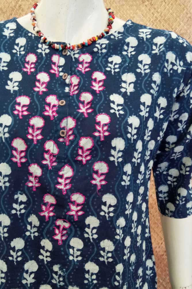 Elegant Block Printed Indigo Cotton Kurta - Size 40