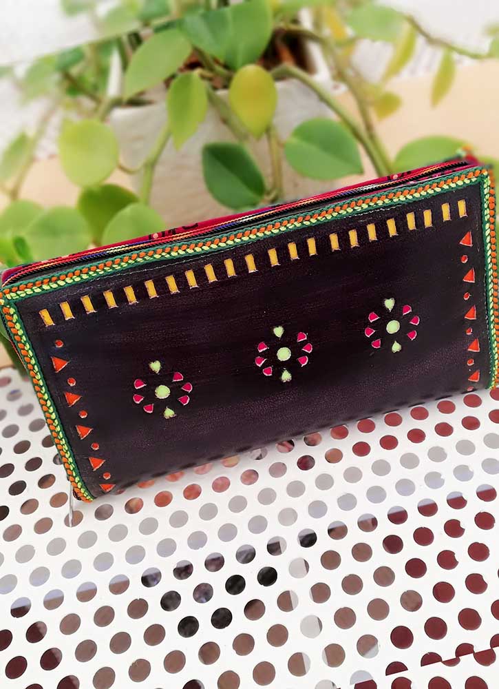Handcrafted Kutch Punch craft Leather Clutch / Wallet with zipper