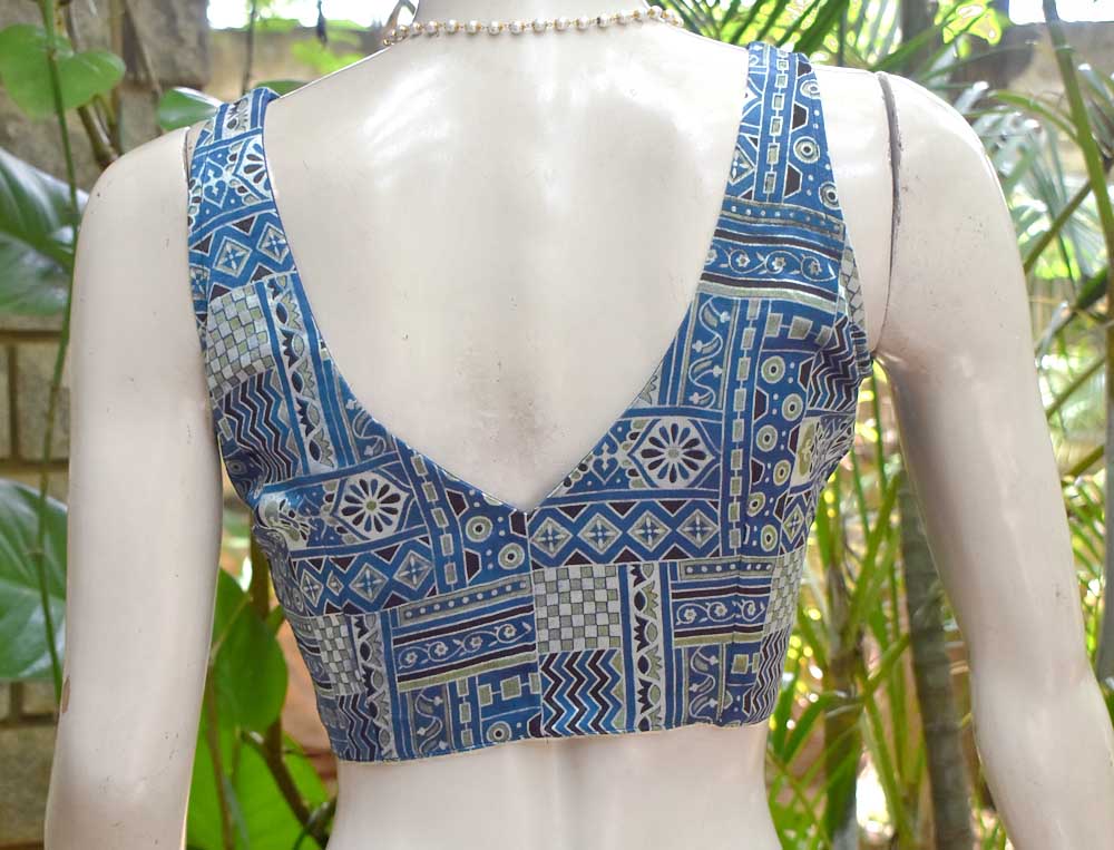 Sleeveless Ajrakh Mashru silk Padded Sleeveless Blouse - Size 34 & 36