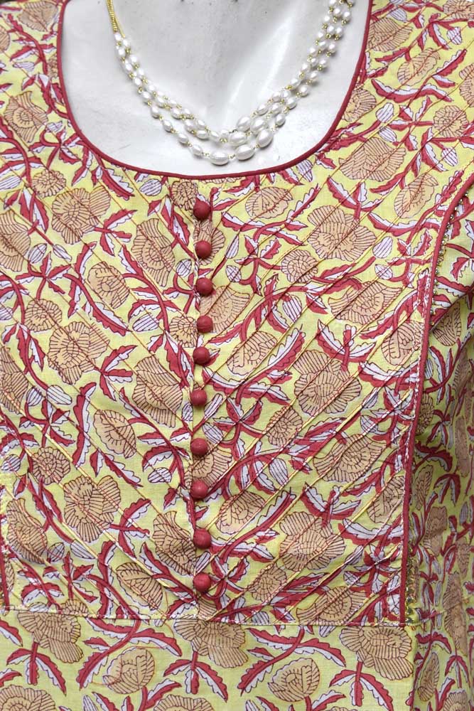 Block Printed Cotton Kurta with pintucks & gota work
