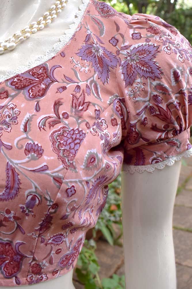 Block Printed cotton Blouse with Lace - Size 36