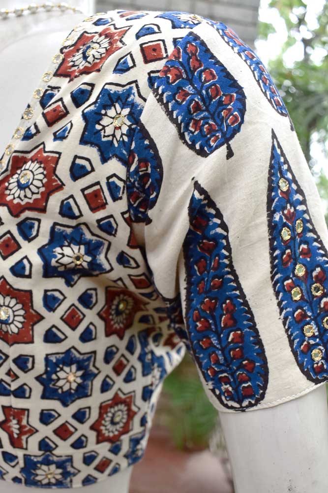Hand Block Print Ajrakh Cotton Blouse with hand done mirror work - size 38 & 42