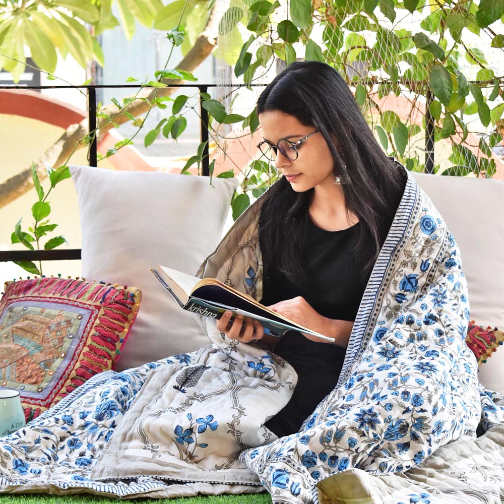 Pair of Reversible Jaipuri Cotton Single Quilt ( 2 single quilt set) with Hand Tagai work