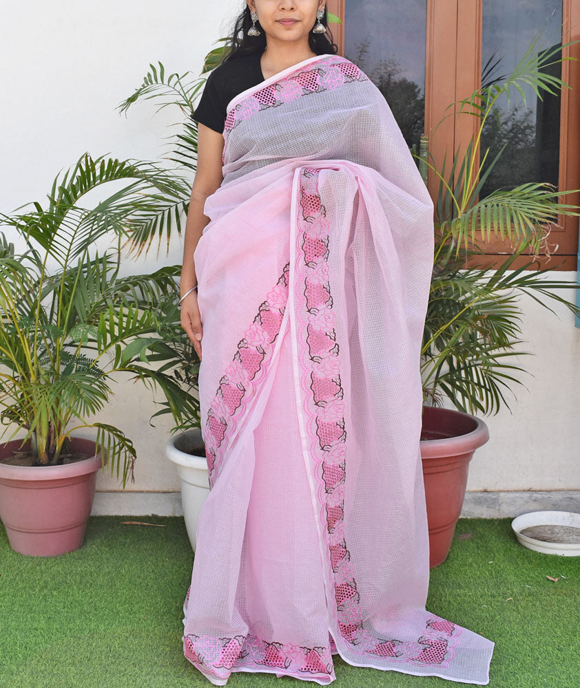 Elegant Kota Doria Cotton saree with Cut work & Embroidery ( with blouse piece)