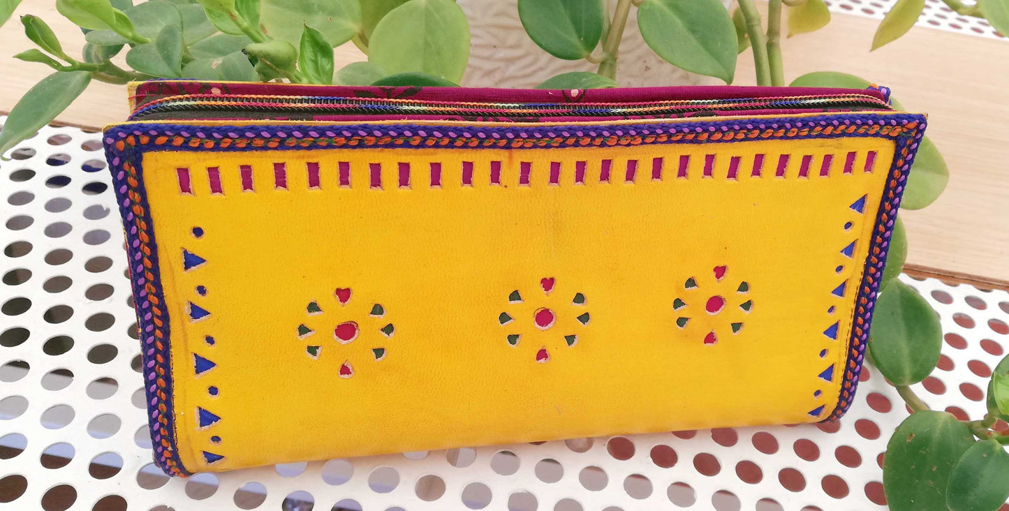 Handcrafted Kutch Punch craft Leather Clutch / Wallet with zipper