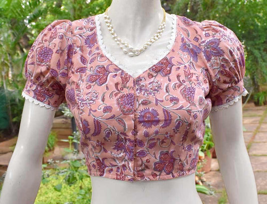 Block Printed cotton Blouse with Lace  - Size 36