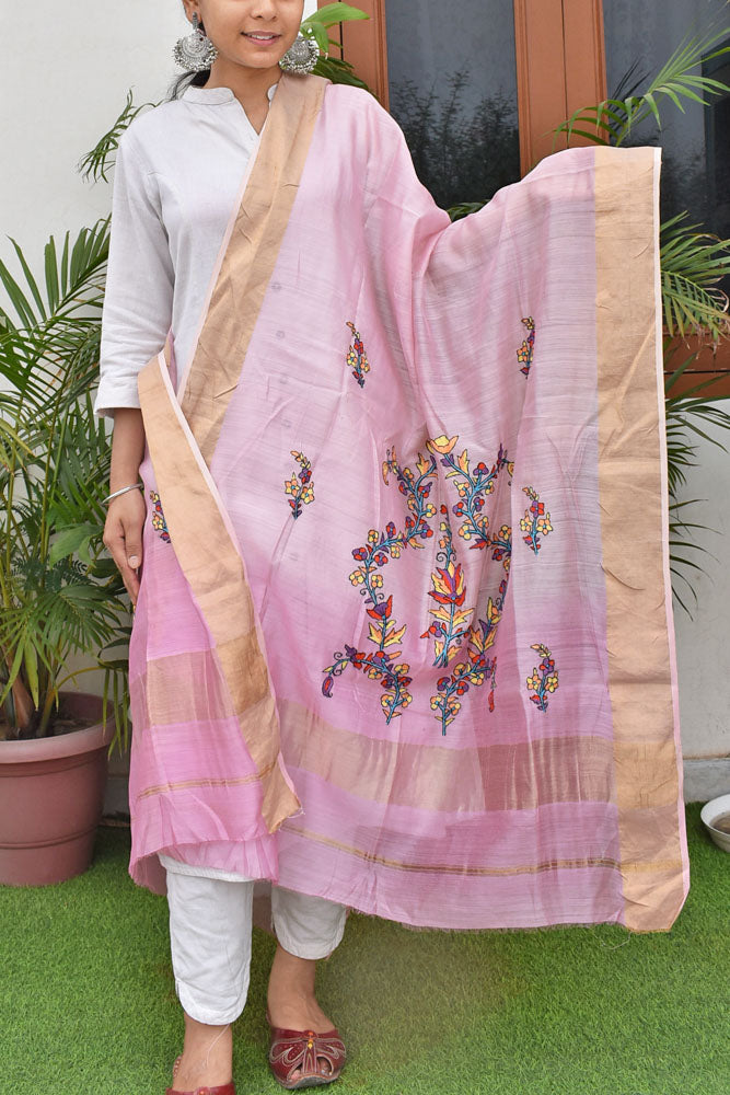 Elegant Pure Ombre Dyed Maheshwari Silk Cotton Dupatta with Kashmiri Hand Embroidery