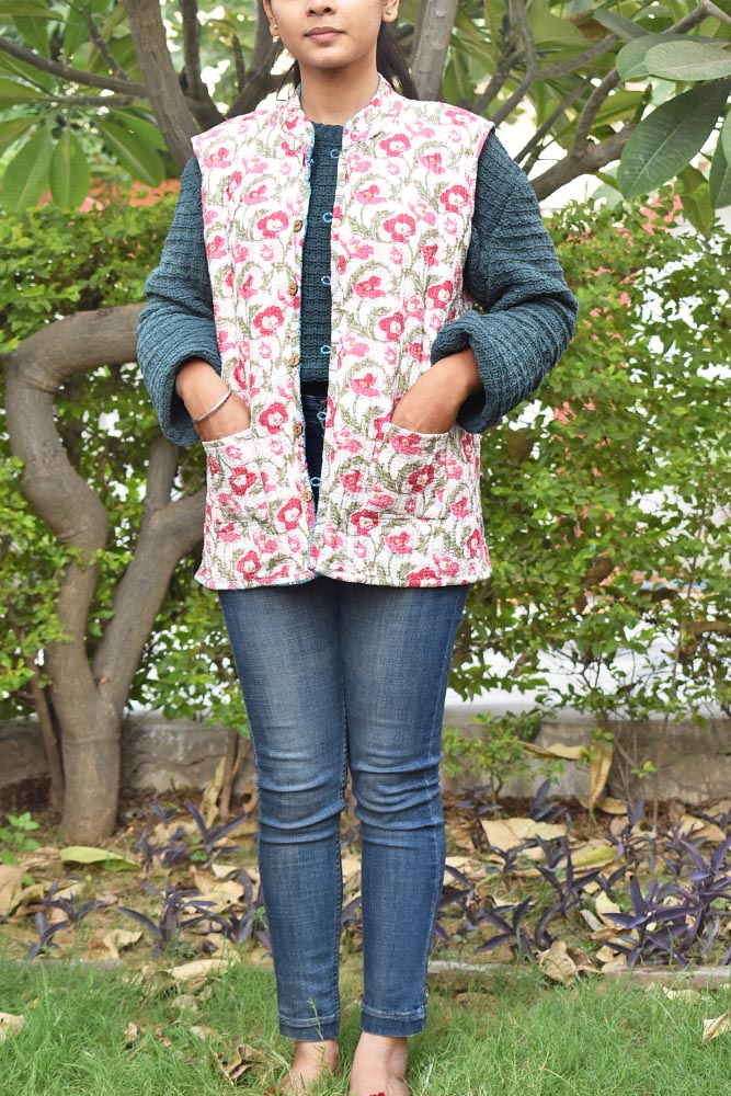 Block Print Quilted Reversible Sleeveless cotton jacket -Size 40