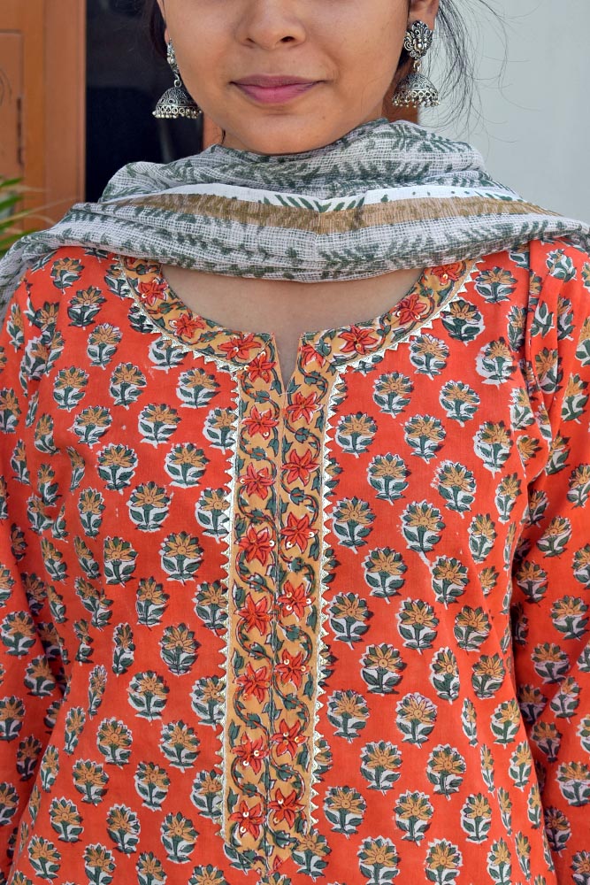 Hand Block Printed Cotton suit - Kurta , Dupatta & Pant - size 40, 42, 44