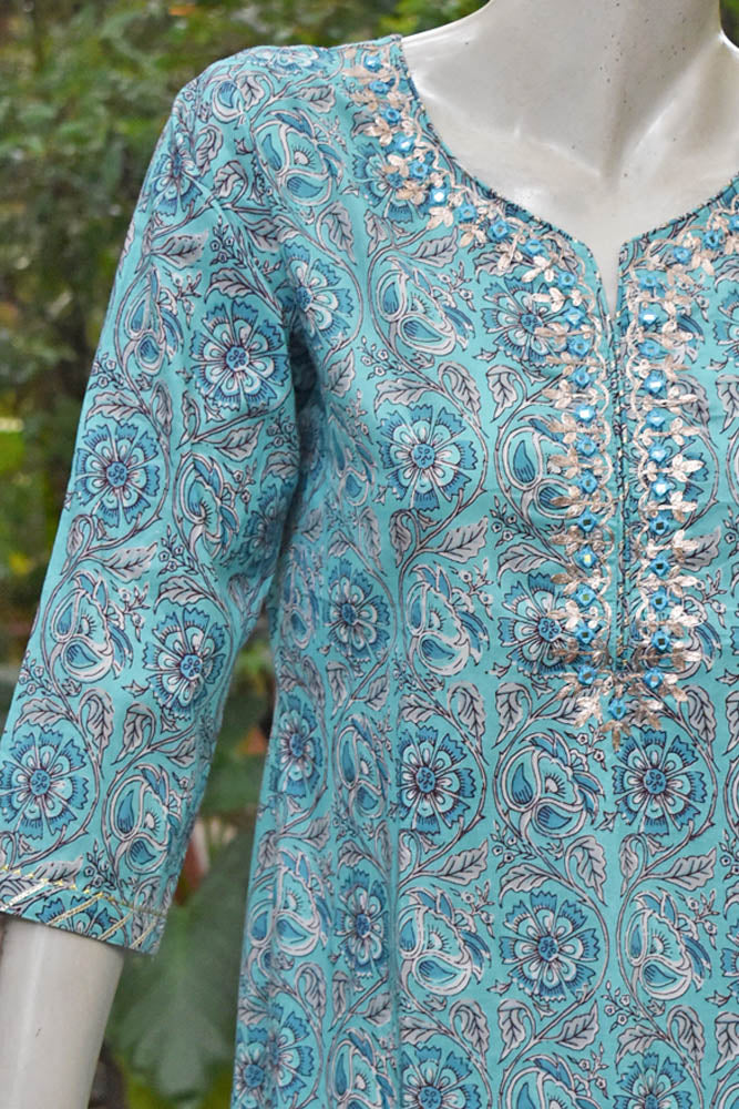 Hand Block Print Cotton Kurta with mirror & pitta work