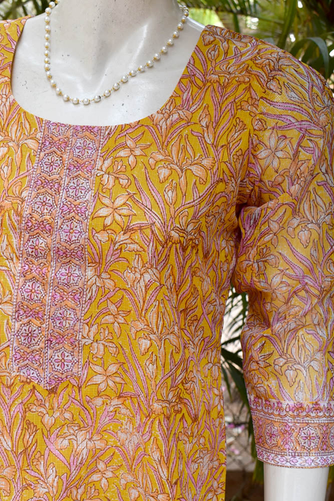 Elegant Block Printed Kota Doria Cotton Kurta - sizr 38