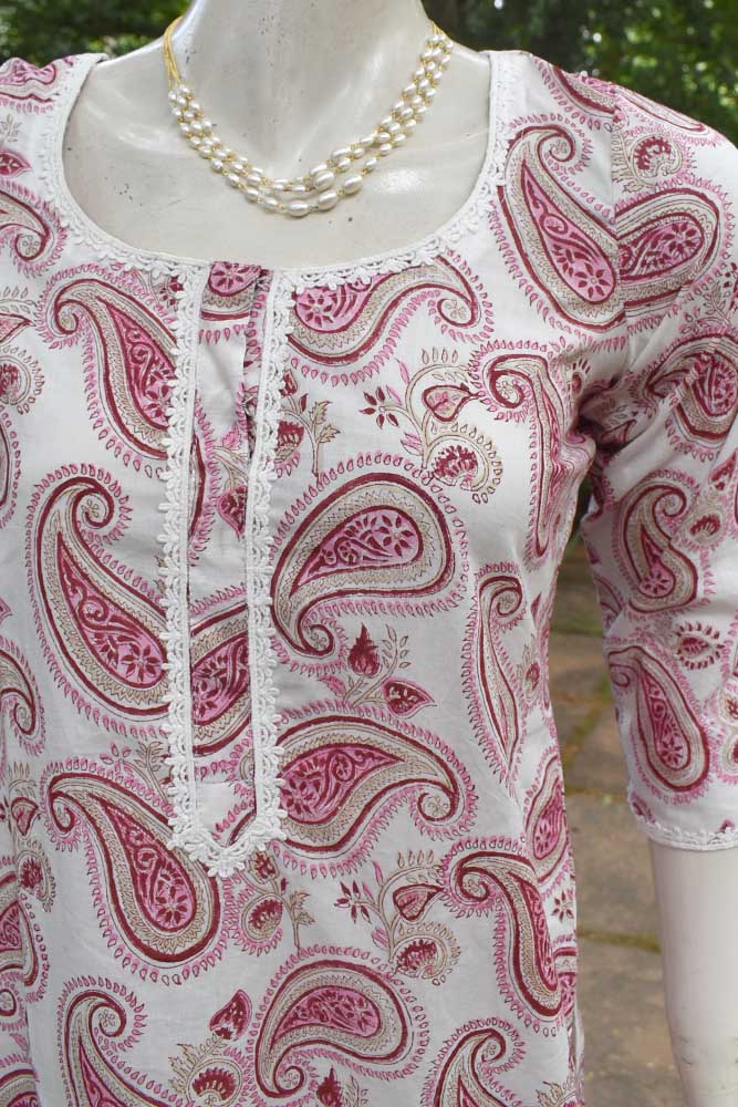 Hand Block Printed Cotton Kurta with Lace