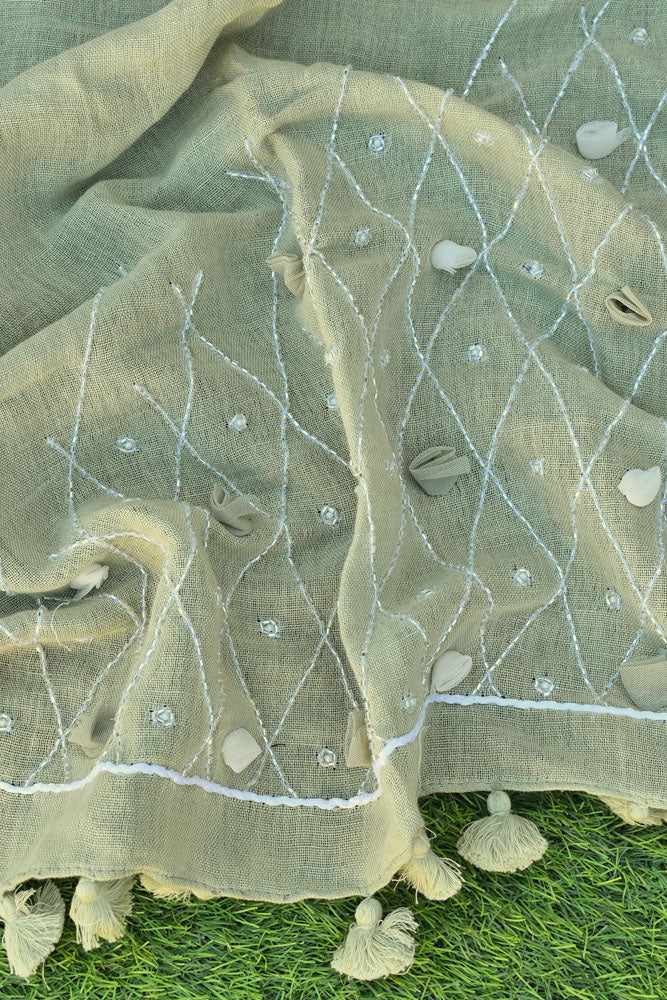 Beautiful Linen Stole with hand embroidery, embellishments & tassels