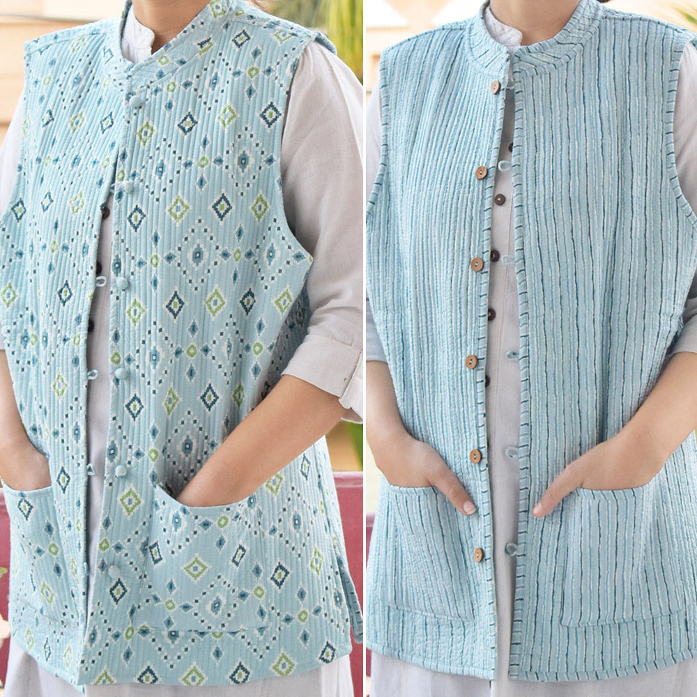 Block Print Quilted Reversible Sleeveless cotton jacket -Size 34, 42