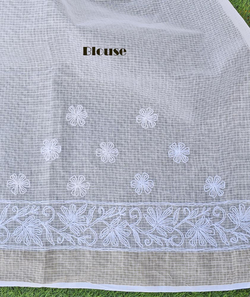 Milky white Kota cotton Saree with zari border & Hand Tepchi work / Lucknowi Chikan work ( with BP)