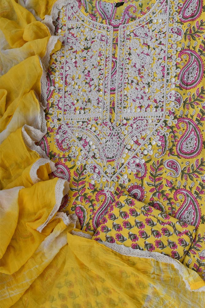 Hand Block Printed Cotton suit with Embroidery & stitched lace borders- Kurta , Narrow Dupatta & Pant - size 38