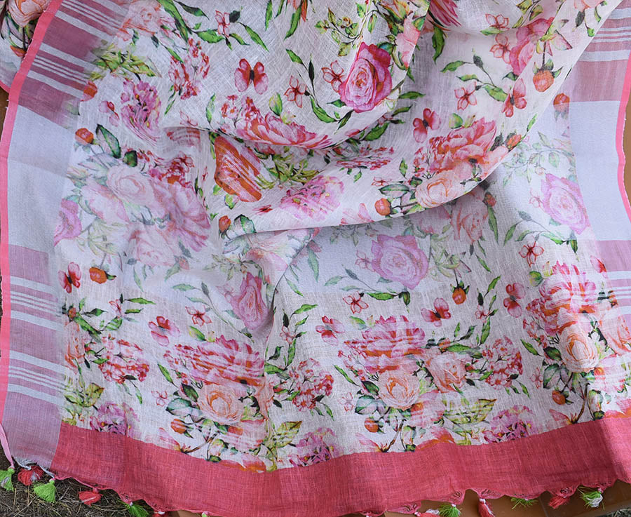 Digital print Linen saree with silver zari border & tassels