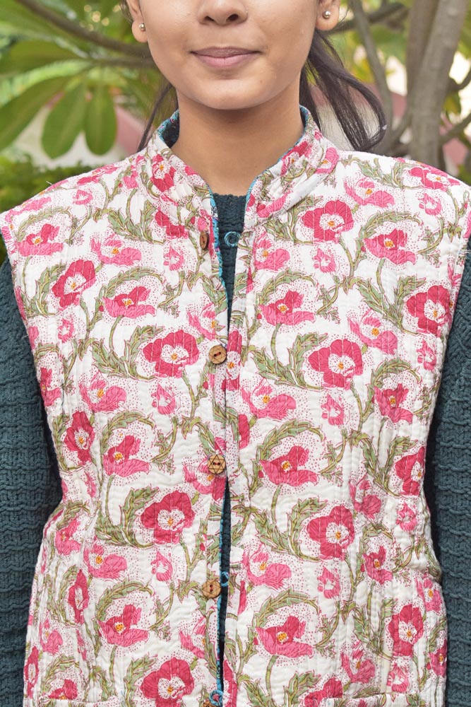 Block Print Quilted Reversible Sleeveless cotton jacket -Size 40