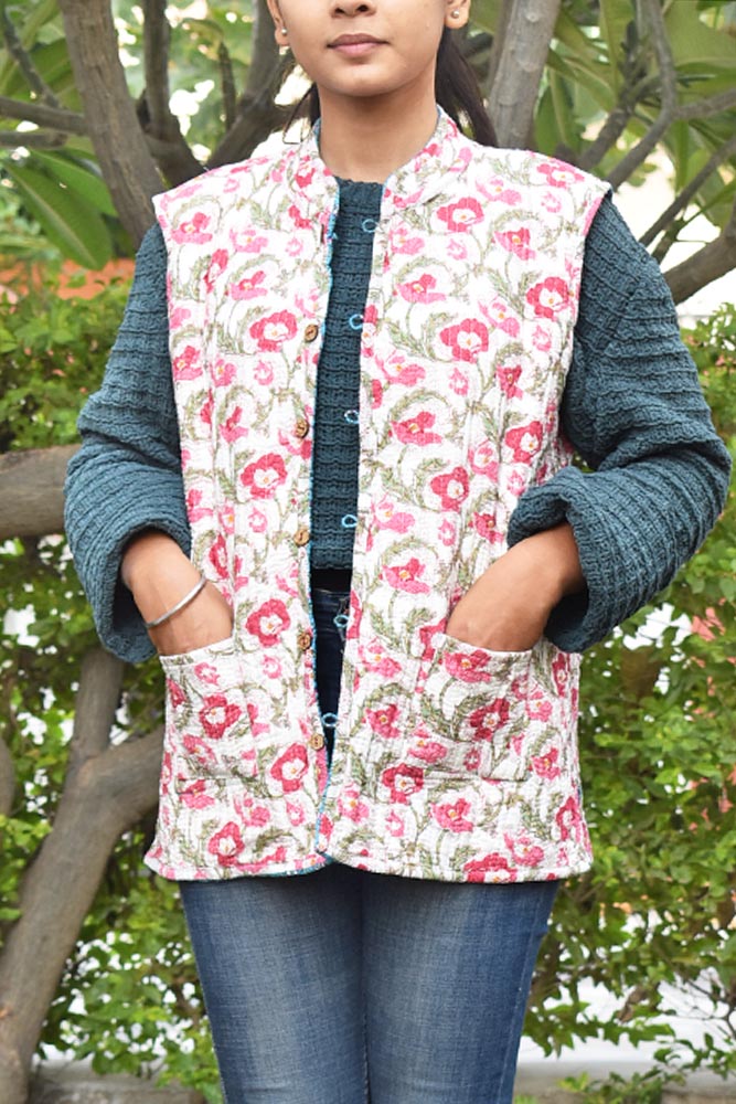 Block Print Quilted Reversible Sleeveless cotton jacket -Size 40