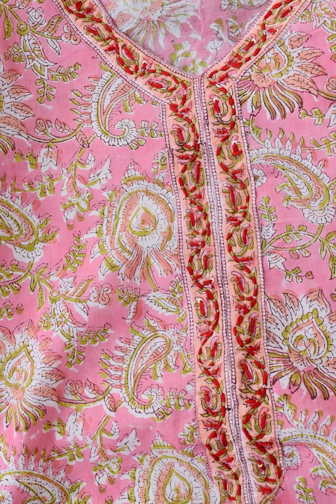 Hand Block Printed Cotton suit with Hand Embroidery - Kurta , Cotton Dupatta & Pant - size 40, 46