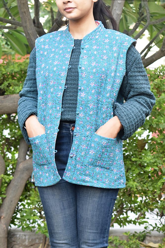 Block Print Quilted Reversible Sleeveless cotton jacket -Size 40