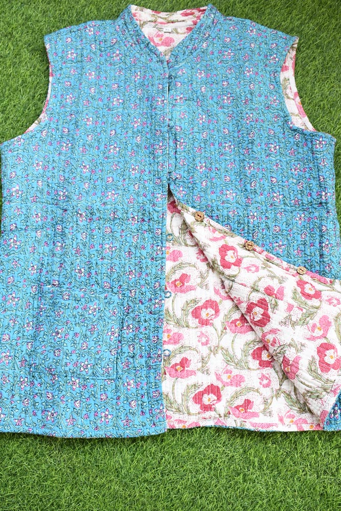 Block Print Quilted Reversible Sleeveless cotton jacket -Size 40