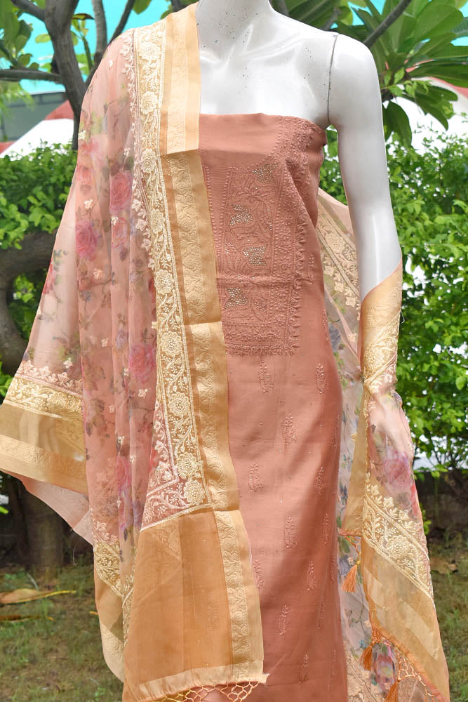 Elegant Chanderi Kurta with Hand Chikankari & Muqaish work & Organza dupatta with digital print & embroidery