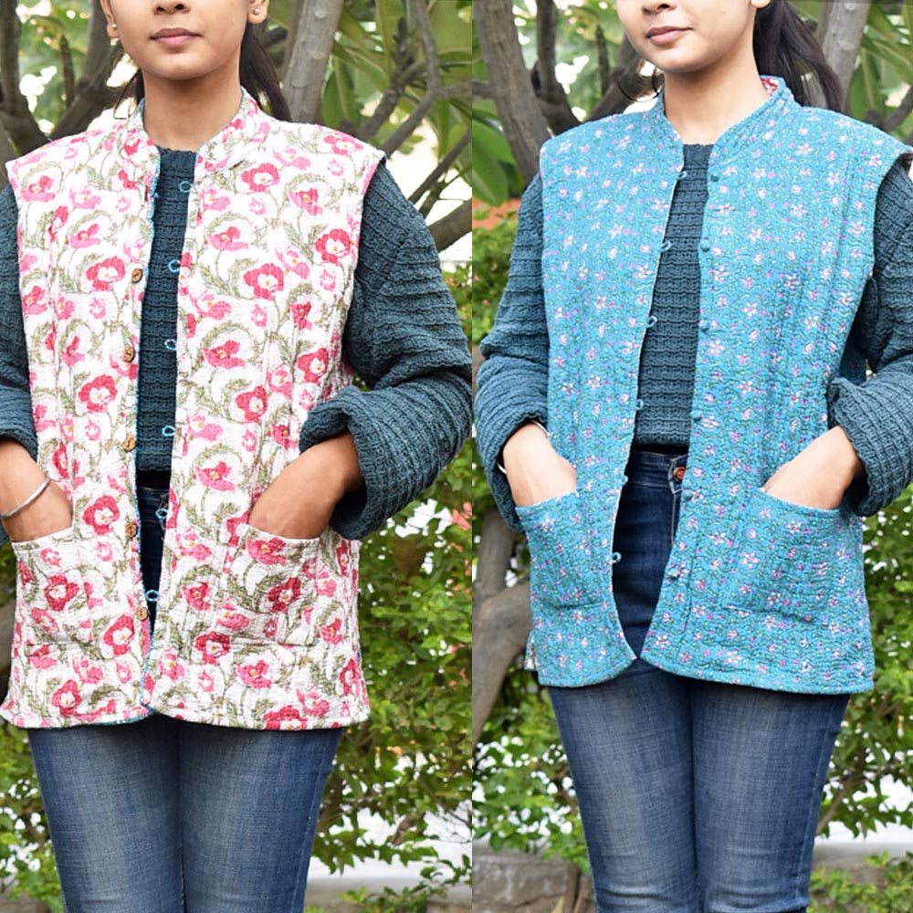 Block Print Quilted Reversible Sleeveless cotton jacket -Size 40