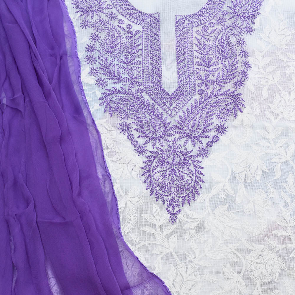 Kota Cotton Kurta with Hand Tepchi embroidery with Chiffon dupatta with crochet borders