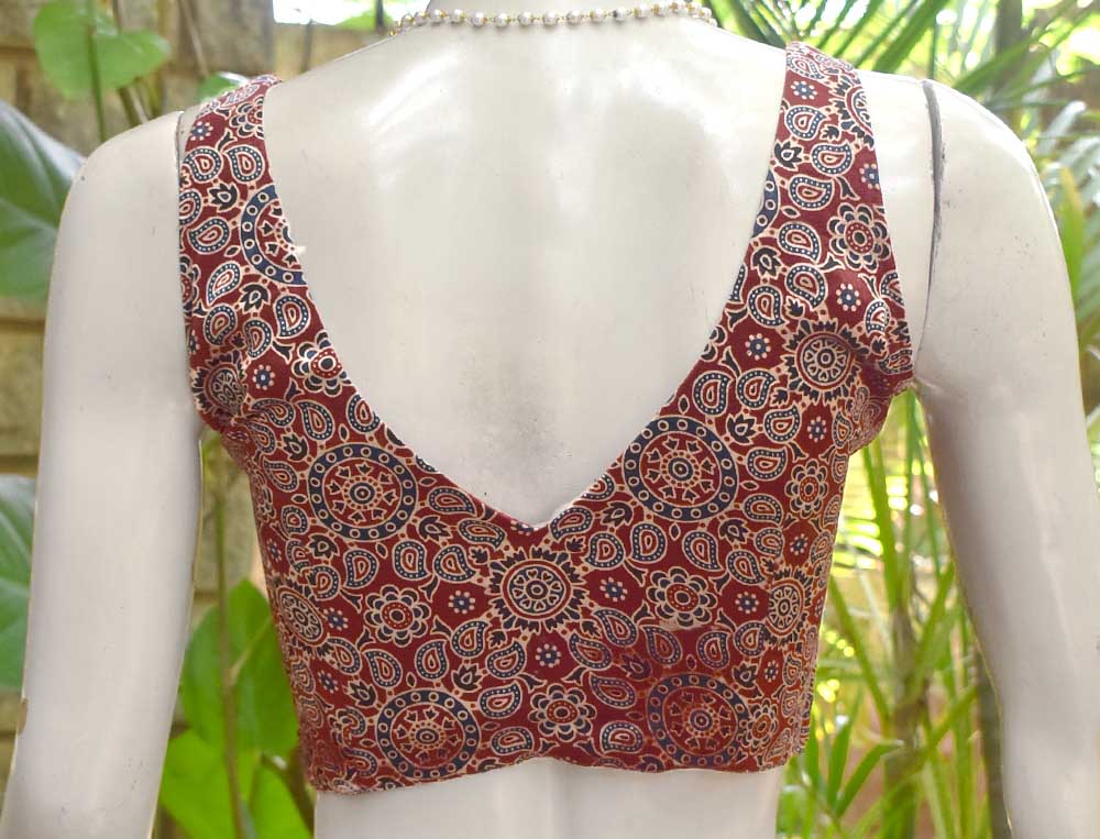 Sleeveless Ajrakh Mashru silk Padded Sleeveless Blouse - Size 34