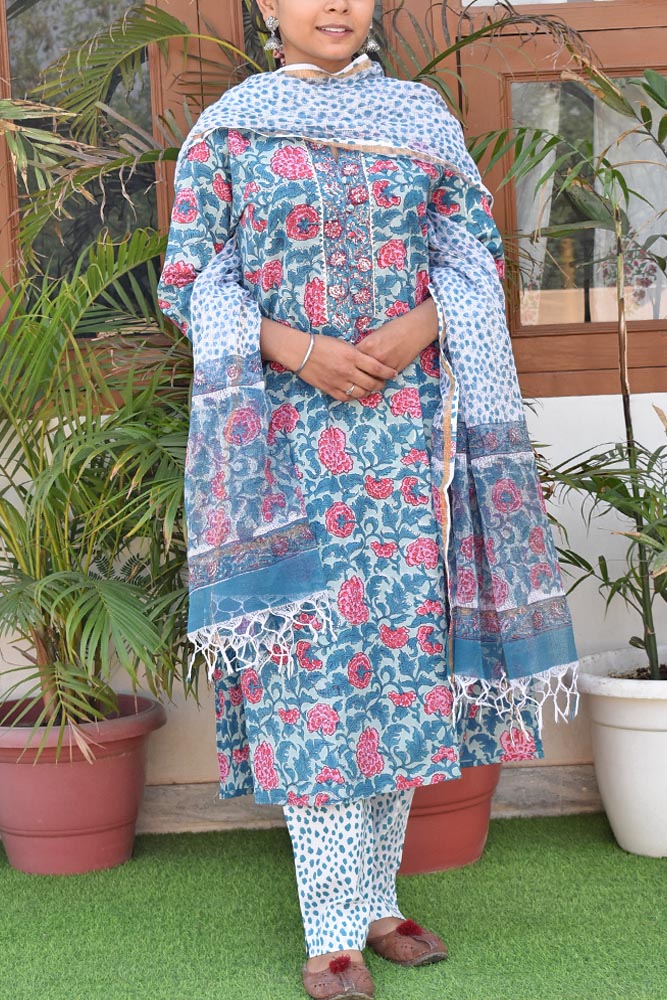 Hand Block Printed Cotton suit - Kurta , Dupatta & Pant - size 36, 38, 44