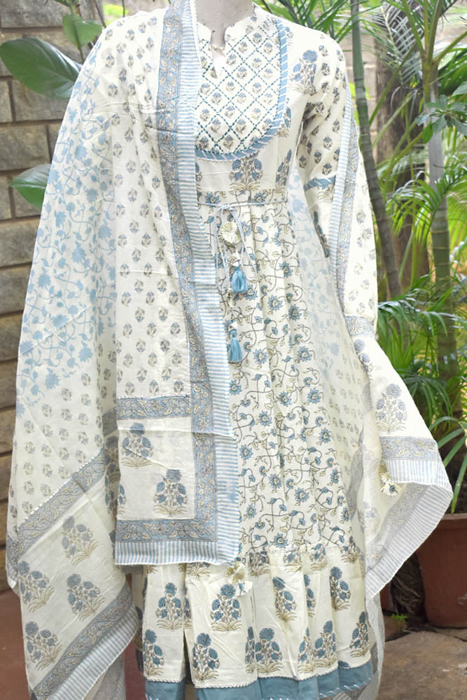 Hand Block Printed Anarkali Cotton dress - Kurta & Dupatta