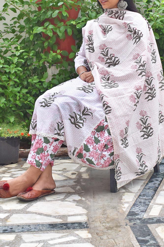 Hand Block Printed Cotton suit with Embroidery & stitched lace borders- Kurta , Narrow Dupatta & Pant - size 38