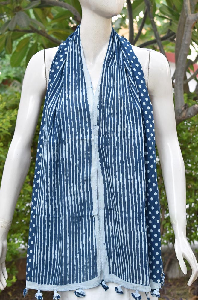 Elegant Indigo Hand block printed Cotton stole with cloth tassels