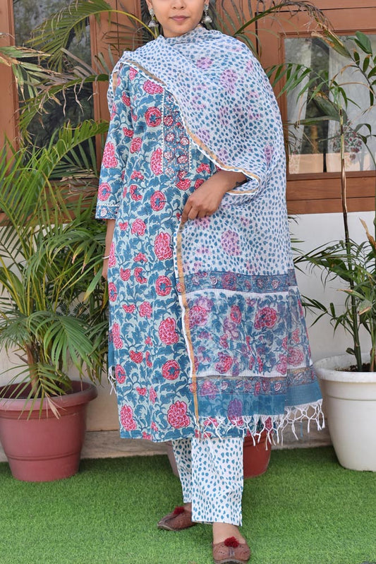 Hand Block Printed Cotton suit - Kurta , Dupatta & Pant - size 36, 38, 44