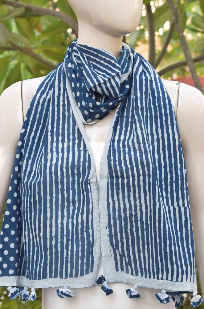 Elegant Indigo Hand block printed Cotton stole with cloth tassels