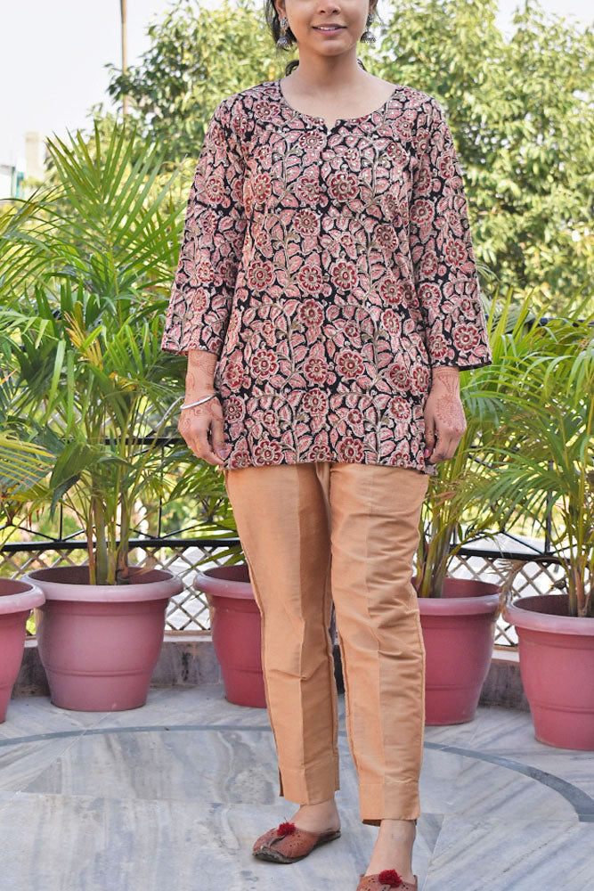 Machalipatnam Kalamkari Hand Block Printed Cotton Short Kurta with sequins on yoke - Size - 38