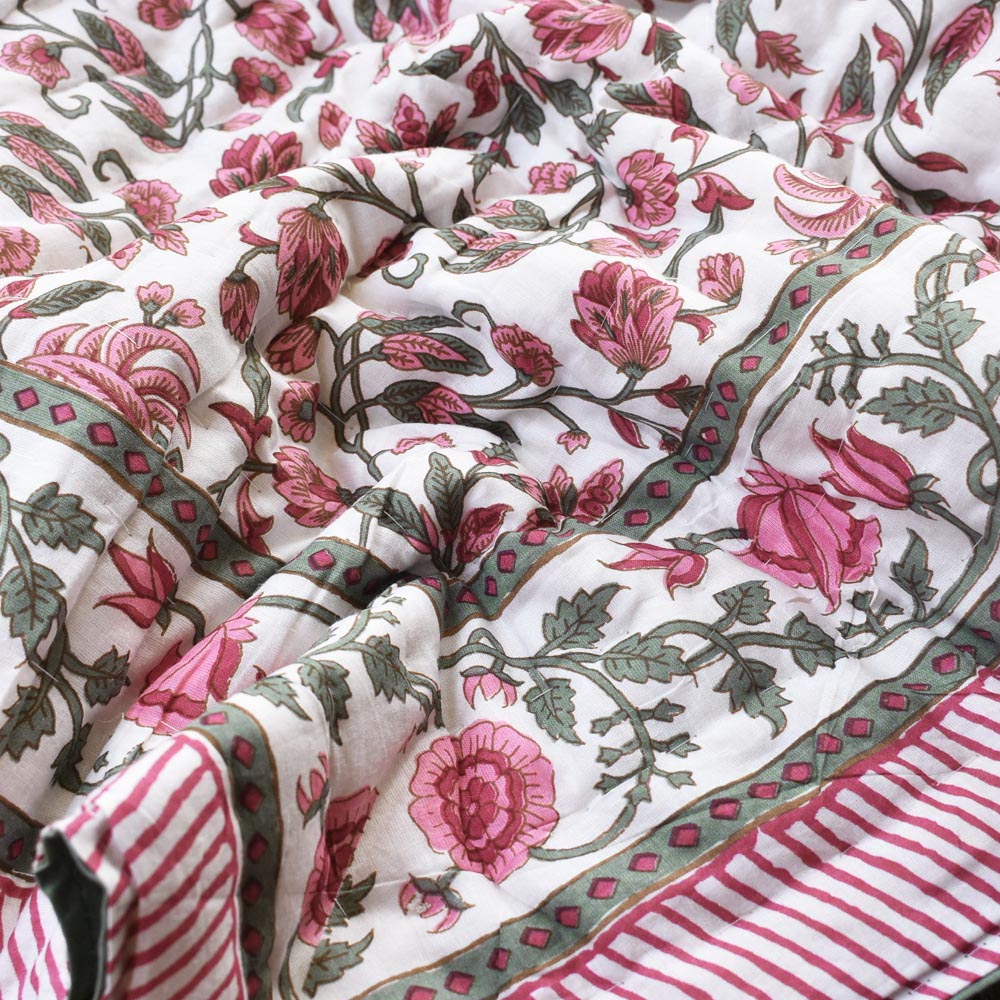 Pair of Reversible Jaipuri Cotton Single Quilt ( 2 single quilt set) with Hand Tagai work