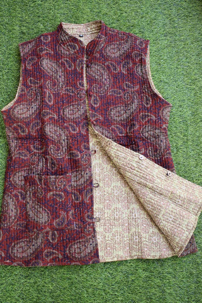 Block Print Quilted Reversible Sleeveless cotton jacket -Size 36, 42